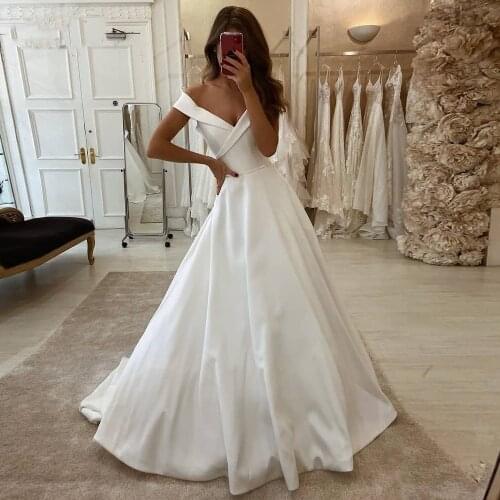 Sexy V-Neck Satin Ball Gown Wedding Dresses Off-Shoulder Dubai African Robe De Mariee Simple Design Vestido De Noiva