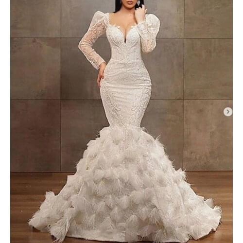 Feather wedding dresses sweetheart neckline long sleeve mermaid beading sequins pearls long bridal dresses