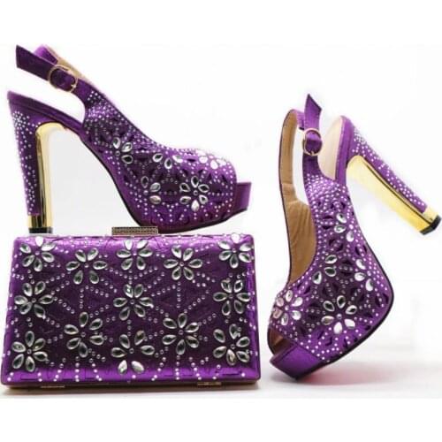 Gorgeous purple women pumps with big crystal decoration african shoes match handbag set for dress X29,heel 12CM