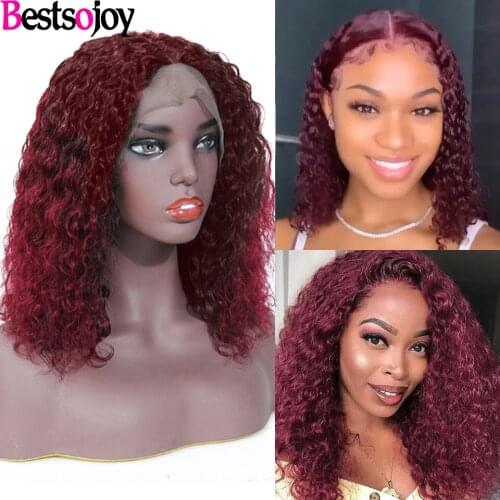 Curly Bob Wig Burgundy Kinky Curly 13x1 T Part Wigs Short 99J Highlight Lace Part Human Hair Wig For Women Peruvian Remy Hair