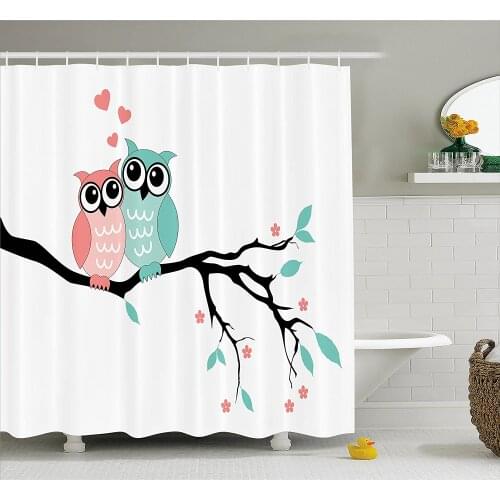Teal and White Shower Curtain Cute Owl Couple Sitting on Tree Branch Valentines Romance Love Bath Curtain For Bathroom