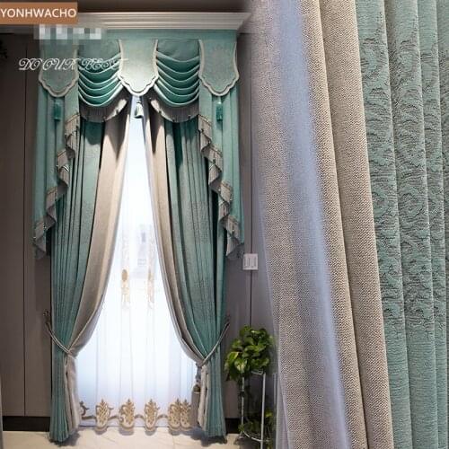 Custom curtain Villa Luxury European Living Room High-grade Chenille green blue cloth blackout curtain valance tulle panel C712