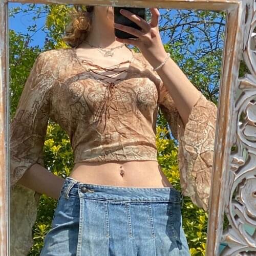 Rockmore Fairy Grunge Print Mesh Tops y2k Tie Up Flare Sleeve T Shirt Ladies V-Neck Tees Women Autumn Vintage Aesthetic Clothes