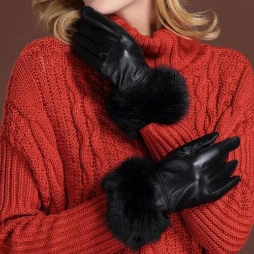 Winter Fashion Sheepskin Pure Genuine Leather Gloves For Women Wrist Rabbit Fur Luvas High Quality Warm Solid Guantes GT660