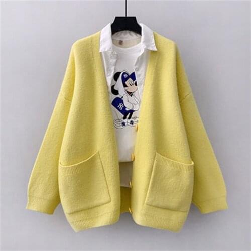 2021 Spring Korean Fashion New Solid Cardigan For Women V-neck Loose Knit Jacket Yellow Womens Sweater Oversize Jersey Mujer