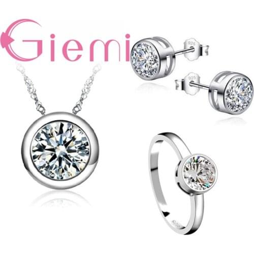 New Trendy Classic Women Engagement 925 Sterling Silver Shinny CZ Wedding Necklace/Earring/Ring Jewelry Sets For Women