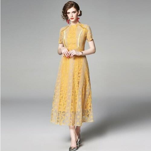 Womens spring summer short sleeve long lace dress female hollow out vintage yellow lace dress TB612
