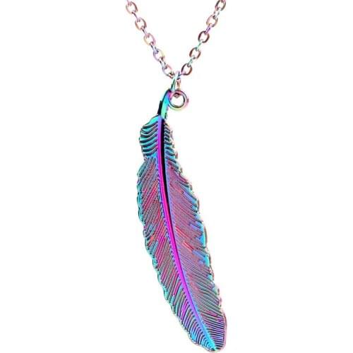 1pcs Rainbow Color Alloy Small feather Plumage Necklace women Female jewelry Collar free Stainless steel chain 20