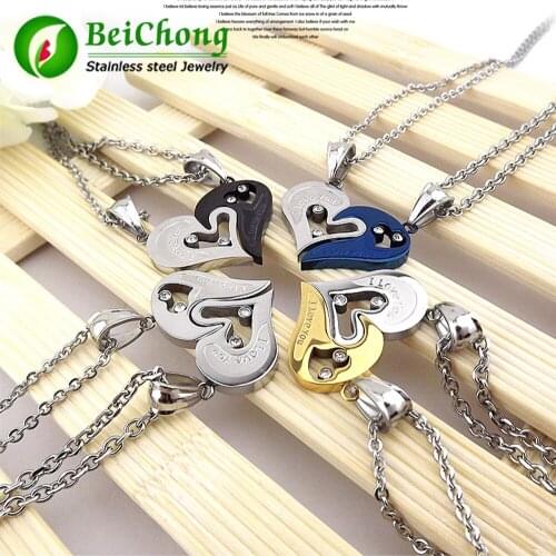 2pcs Heart-shape "I Love You" Stainless Steel Couple Lovers Half Heart Pendant Necklace Heart Puzzle Pendant