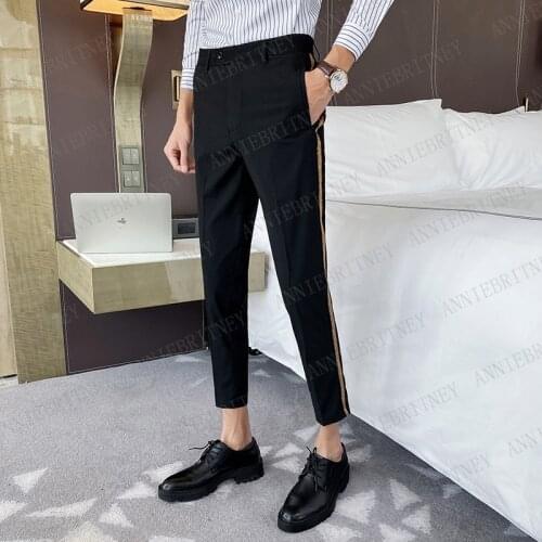2020 Fashion Designs Men Suit Pants Custom Oversize Men Slim Fit Trousers with Golden Stripe Decoration Mens Prom Dress Pants
