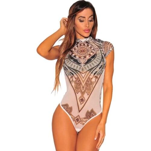 2021 Summer Women Sexy Tribal Tattoo Print Bodysuit Jumpsuit Traditional African Clothing Mesh Lace Retro Bodysuit Romper C2554