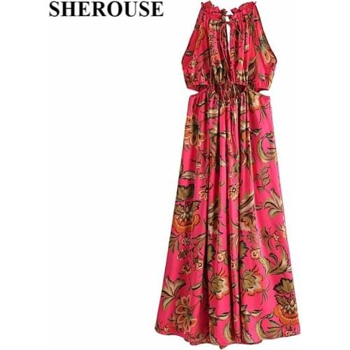 2021 Vintage Women Floral Printed Jumpsuits Fashion Sleeveless Hollow Out Waist Wide Leg Chic Lady Woman Playsuits Mujer