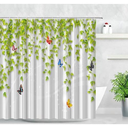 3D Green Plant Leaf Shower Curtains Flower Rattan Butterfly Modern Simple White Waterproof Cloth Home Decor Bathroom Curtain Set