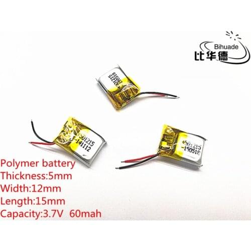 5pcs/lot 3.7V,60mAH,501215 Polymer lithium ion / Li-ion battery for TOY,POWER BANK,GPS,mp3,mp4,cell phone,speaker