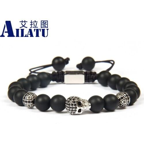 Ailatu Jewelry Wholesale 10pcs/lot 8mm Black Onyx Stone Beads with Black Cz Male Skull Macrame Bracelets Men diy skull jewelry
