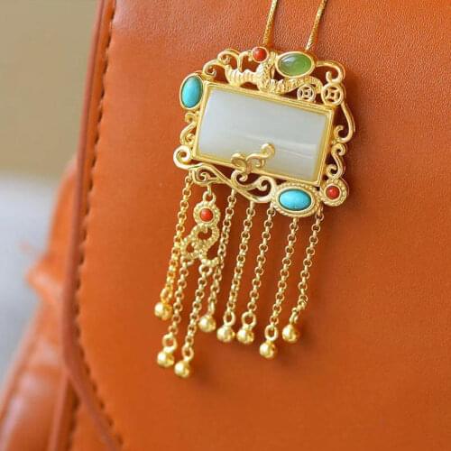 Natural Hetian white jade geometric tassel Pendant Necklace Chinese retro national style luxury charm womens silver jewelry