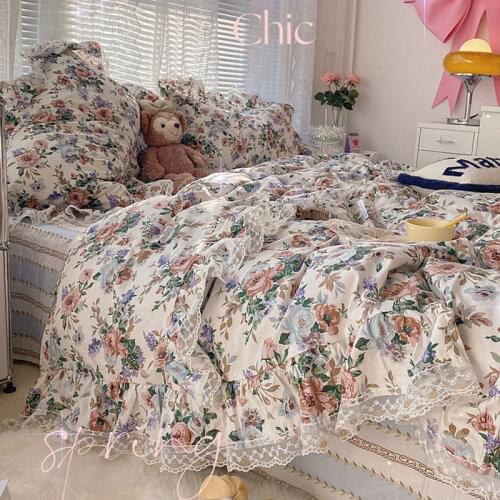 French Vintage Bedding Set Lace Floral Printed Bed Linen Cotton Bedspread Pillowcase US King Queen Size Bedding Sets 3/4Pcs