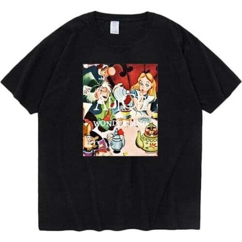Disney Cartoon Short-sleeved T-shirt Alice Wonderland Unisex Summer Loose T shirt For Men and Women Clothes Male Causal Tee Tops