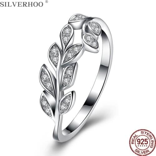SILVERHOO 925 Sterling Silver Ring Jewelry For Women Simple Dazzling CZ Olive Branch Plant Finger Rings Female Anniversary Gift