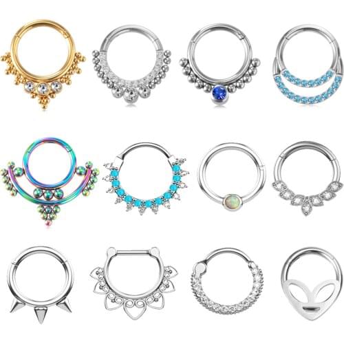 1PC Surgical Steel Nose Ring Cartilage Earring Zircon CZ Gem Cluster Beaded Hinged Septum Rings Clicker Septum Piercing Jewelry