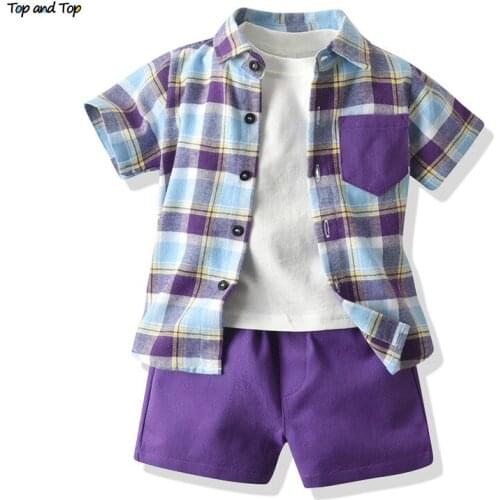 Top and top Fashion Kids kids Boys Gentleman Clothes Sets Short Sleeve Plaid Shirt+White Shirt+Shorts 3Pcs Children Casual Suit