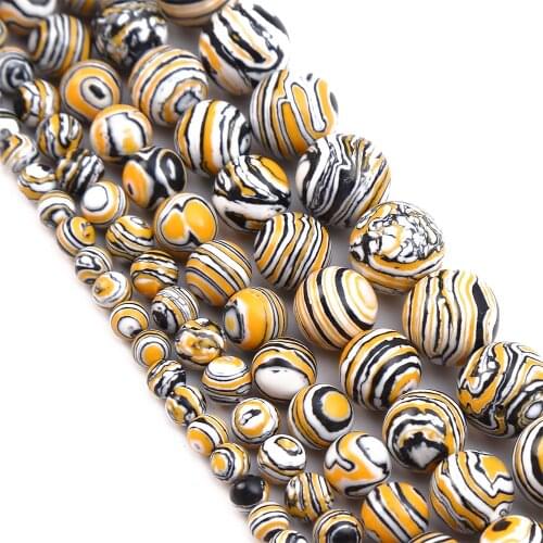 Yellow Black Synthetic Malachite Natural Stone Round Loose Beads 4 6 8 10 12mm for Jewelry Making DIY Bracelet Accessories
