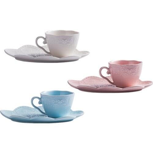 New Princess Style Basso-Relievo Lace Mug Ceramic Elegant Cup And Saucer Candy Color Coffee Cup Dessert Dish Dinnerware 3pcs/set