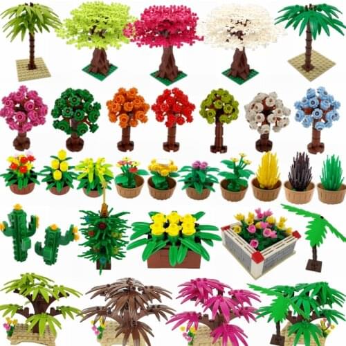 Moc Locking City Street view Flower Cherry Tree Pu Kui Cactus Accessories Potted plant Pine needle Tree Assemble Lockings Blocks
