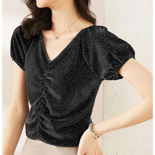 Fashion Bright silk T-shirt womens summer short sleeve new half sleeve T-shirt flash silk pleated yarn design 2021