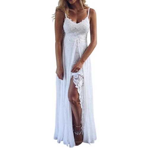 Fashion Womens White Long Dress Ladies Summer Sling V-neck Sexy Chiffon Lace High Split Irregular Party Dress Vestido De Mujer