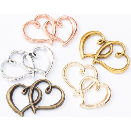 RAINXTAR Fashion Alloy Double Heart Charms Heart Connector Charms For Necklaces Bracelets 19*31mm 50pcs AAC1089