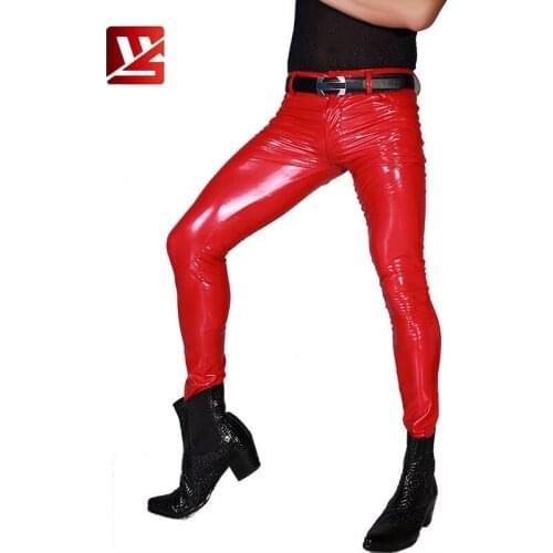 MEISE Men PU Pencil Pants Shiny Imitate Latex Tight Pants Gloosy Male Moto Biker Wear Pencil Pants Plus Size Homme Trousers NK50