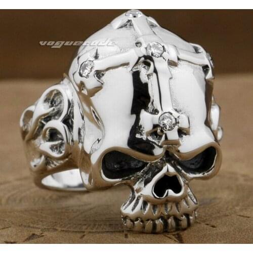 925 Sterling Silver Skull Corss White CZ Stone Mens Biker Rocker Punk Ring 9G013 US Size 7 to 15