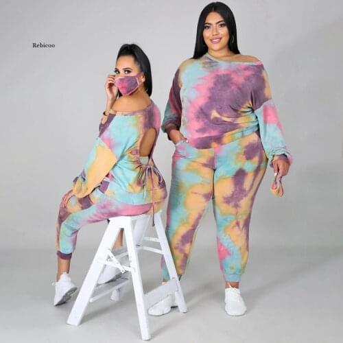 Tie Dye Print Sexy Two Piece Tracksuit Women Outfits Backless Long Sleeve Pullover Tops & Baggy Sweatpant Casual Plus Size Suits