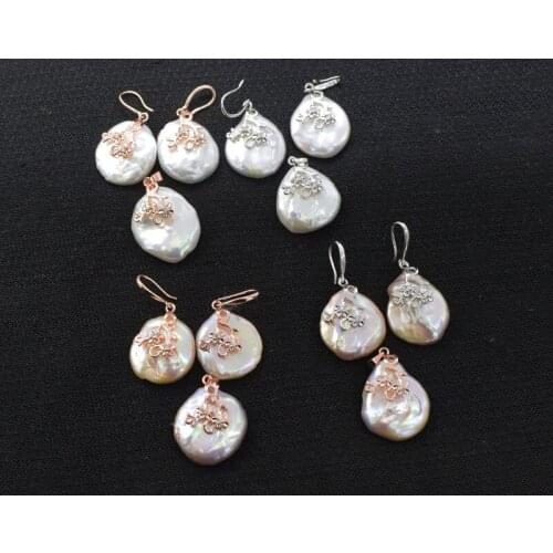 One pair white/pinkpurple freshwater pearl reborn keshi flat earrings pendant 20-25mm wholesale beads FPPJ nature