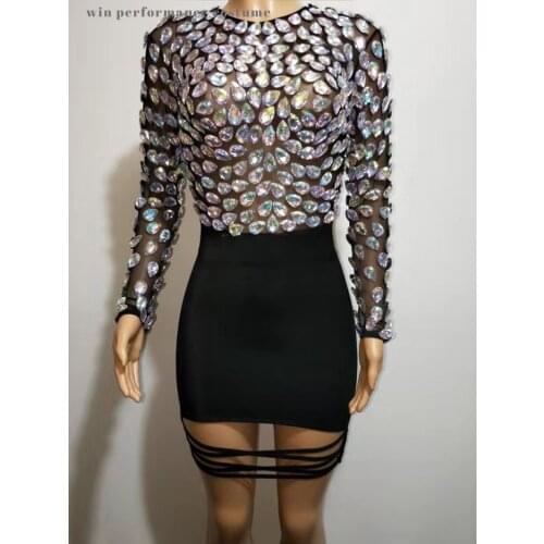 Drop Shape Rhinstone Mesh Fabric Midi l Skirt Party Skinny Good Figure Pencil Dress Bar Singer Host Model Show Costume