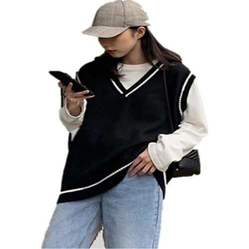 Women Vest Simple All-match Patchwork Korean Style V-neck Knitted Sweater Leisure Student Sleeveless Female Vintage Vest