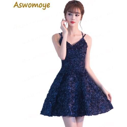 Aswomoye Haute Couture Sexy Short Evening Dress V-Neck Backless Spaghetti Strap Party Prom Dress robe de soiree