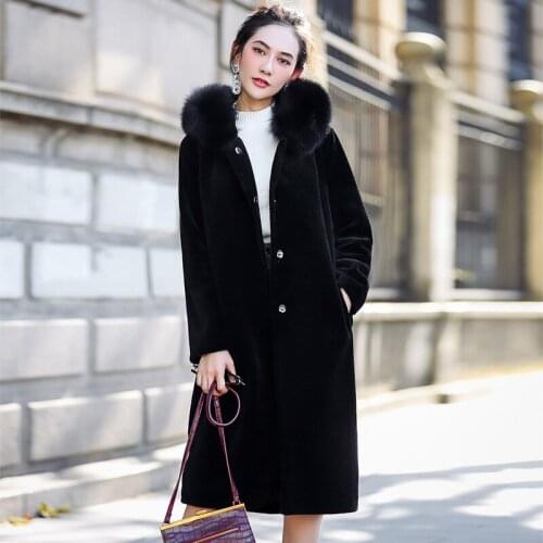 Women Genuine Winter Coat Warm Thick Sheep Shearing Fox Fur Collar Hooded Jackets Luxury OT2855 MF646