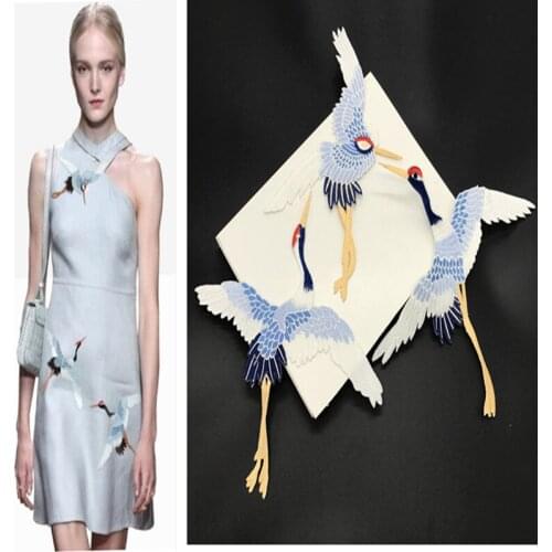 SASKIA 2Pcs Birds Patches for Clothing Embroidery Applique Sewing Dress Red-crowned Crane Decor DIY Embroidered Iron Stickers