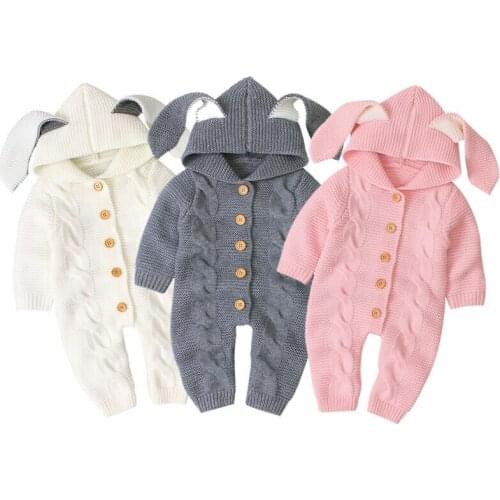 2020 Autumn Winter Newborn Baby Boys Girls Knitted Sweater Jumpsuit Hooded Romper Warm Cotton Outfits Clothes