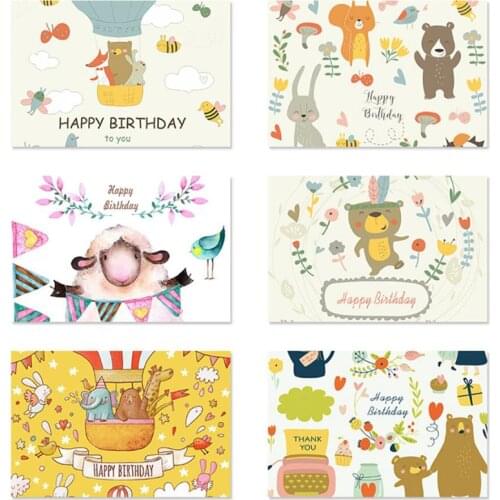 6PCS Cartoon Animal Bear Happy Birthday Greeting Cute Card Postcards For Birthday Invitation Cards Flowers Kids Gifts Decoration