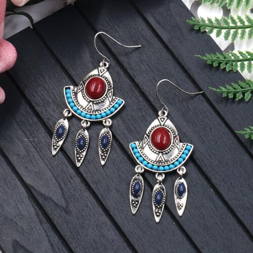 Bohemian Blue Red Beaded Tassel Drop Earrings Ethnic Silver Color Alloy For Women Vintage Stone Boho Ladies Earrings