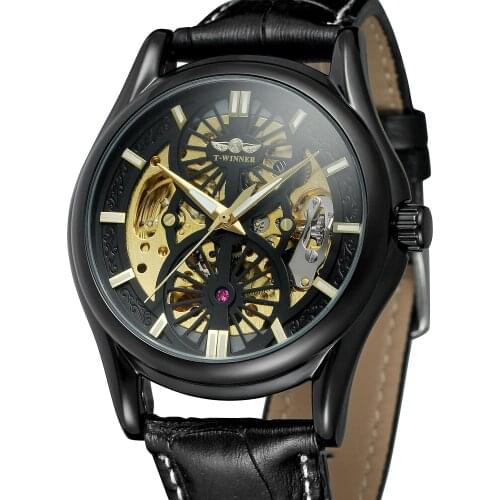 Fashion T-winner Top Brand Men Automatic Newest Design Skeleton Genuine Leather Band Casual Wrist Watches Popular Clock Vintage