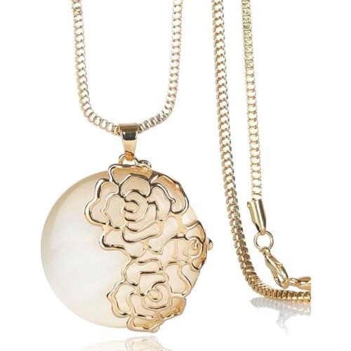 FYJS Unique Jewelry Light Yellow Gold Color Decorative Pattern Wrap Round Cat Eye Stone Pendant Link Chain Necklace