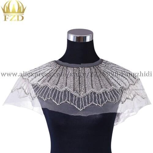 FZD 1 Piece Beaded Rhinestone Collar Patches for Wedding Dress DIY Bridal Women Clothing applique Decoration With Gauze