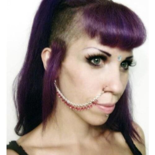 Gothic Silver Flower and Black Crystal Nose Chain