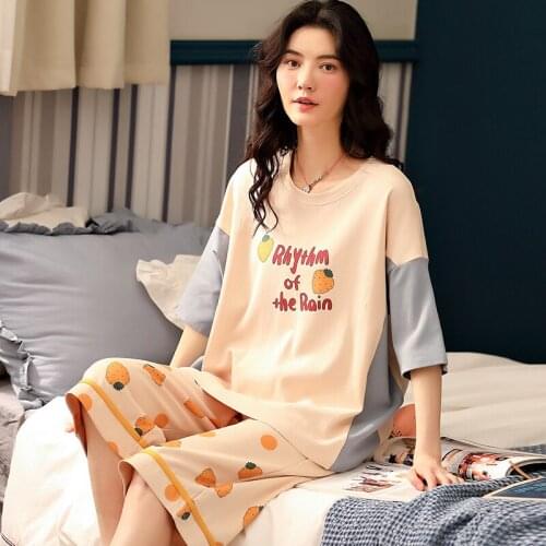 Cotton Pajamas Women Summer Half Sleeve Suits Fresh Loose Females leisurewear Set