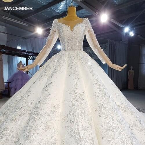 HTL2170 Ivory White Luxury Bridal Gown Wedding Dress Frill Applique Print Pattern Design Long Sleeve Shiny свадьба платье 2021