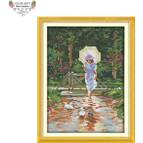 Joy Sunday Rainy Day Beauty RA041 14CT 11CT Counted and Stamped Home Decoration Umbrella Girl Embroidery DIY Cross Stitch Kits
